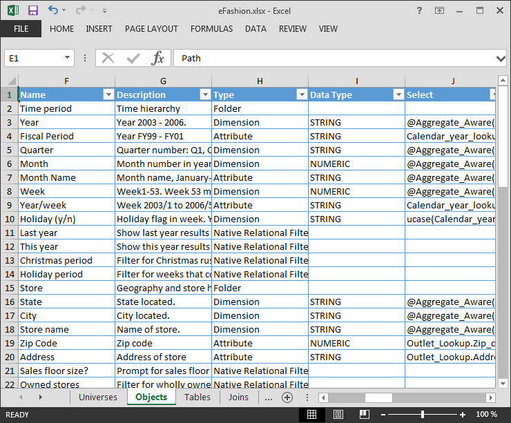 Excel spreadsheet with Unx universe metadata