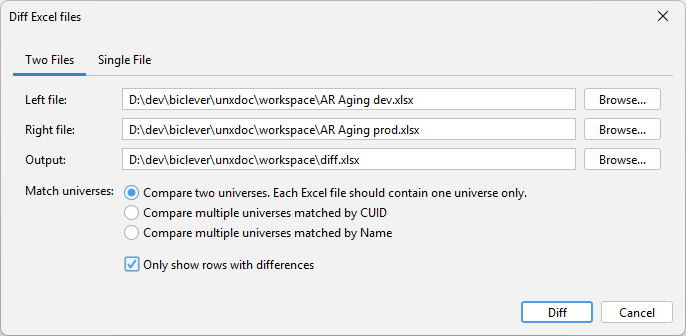 Two Files tab populated with left and right exports
